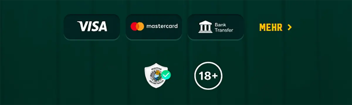 Footer section showing Visa, Mastercard, and bank transfer payment icons, a “More” link, a security badge, and an 18+ age restriction symbol on a dark green background.