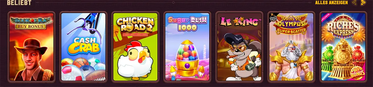 German online casino game carousel labeled “Popular,” showing slot tiles for Book of Ra Buy Bonus, Cash Crab, Chicken Road 2, Sugar Rush 1000, Le King, Gates of Olympus Super Scatter, and Riches Express.